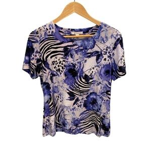 JM Collection Blue Floral Crew Neck Short Sleeve Blouse Top Size M
